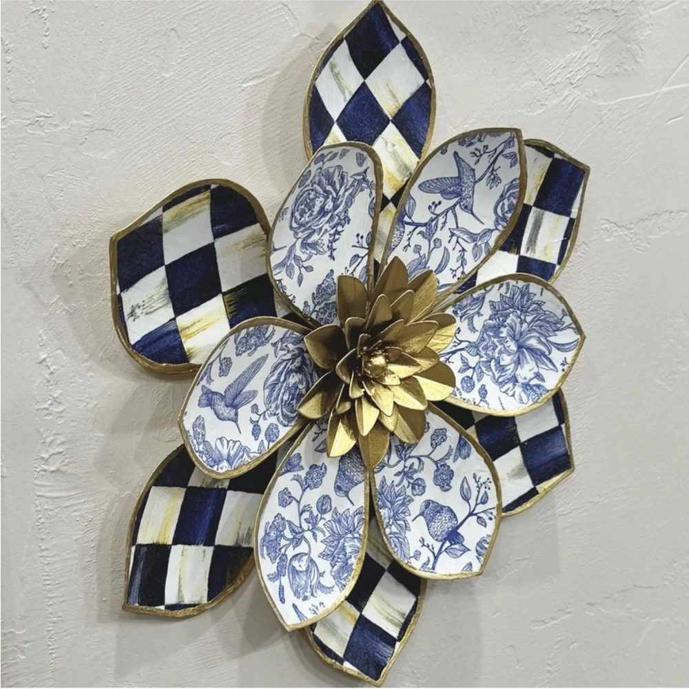 Hand Crafted Royal Check and Hummingbird Metal Wall Decor Blue White 13”